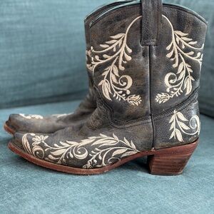 Floral Embroidered Leather Heeled Boots